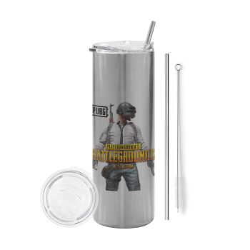 PUBG battleground royale, Eco friendly stainless steel Silver tumbler 600ml, with metal straw & cleaning brush