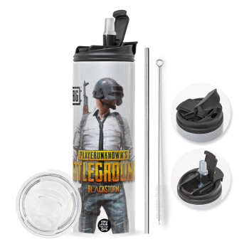 PUBG battleground royale, Travel Tumbler θερμό με διπλό καπάκι, μεταλλικό καλαμάκι και βούρτσα καθαρισμού (Ανωξείδωτο 304 Food grade, BPA free, 600ml)