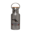 Stainless steel metallic thermos flask, silver with a bamboo lid, double-walled, 350ml.