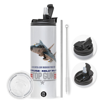 Top Gun, Travel Tumbler θερμό με διπλό καπάκι, μεταλλικό καλαμάκι και βούρτσα καθαρισμού (Ανωξείδωτο 304 Food grade, BPA free, 600ml)