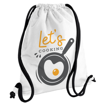 Let's cooking, Τσάντα πλάτης πουγκί GYMBAG λευκή, με τσέπη (40x48cm) & χονδρά κορδόνια