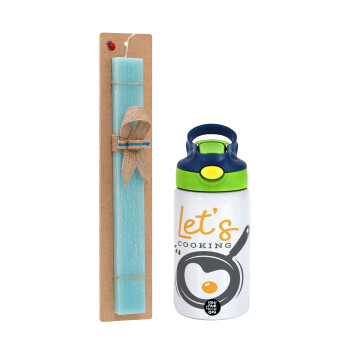 Let's cooking, Easter Set, Children's thermal stainless steel bottle with safety straw, green/blue (350ml) & aromatic flat Easter candle (30cm) (TURQUOISE)