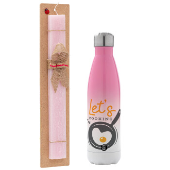 Let's cooking, Easter Set, Metallic pink/white (Stainless steel) thermos, double-walled, 500ml & aromatic flat Easter candle (30cm) (PINK)