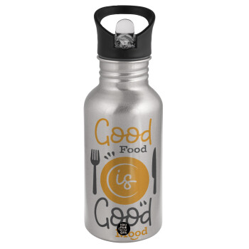 Good food, Good mood. , Water bottle Silver with straw, stainless steel 500ml