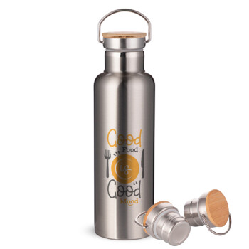 Good food, Good mood. , Stainless steel Silver with wooden lid (bamboo), double wall, 750ml