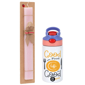 Good food, Good mood. , Easter Set, Children's thermal stainless steel water bottle with safety straw, pink/purple (350ml) & Easter scented flat candle (30cm) (PINK)