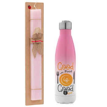 Good food, Good mood. , Easter Set, Metallic pink/white (Stainless steel) thermos, double-walled, 500ml & aromatic flat Easter candle (30cm) (PINK)