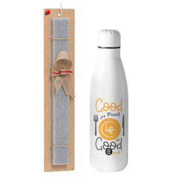 Good food, Good mood. , Easter Set, metallic Inox water bottle (700ml) & Easter scented flat candle (30cm) (GRAY)