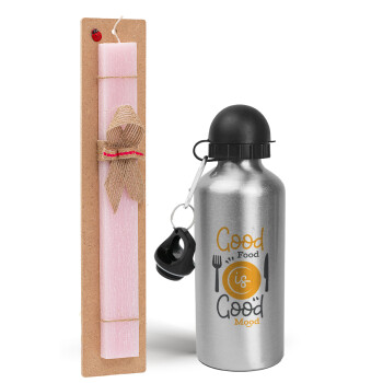 Good food, Good mood. , Easter Set, metallic Silver aluminum water bottle (500ml) & scented flat Easter candle (30cm) (PINK)