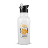 White water bottle with straw, stainless steel 600ml