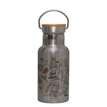 Chef με όνομα, Stainless steel metallic thermos flask, silver with a bamboo lid, double-walled, 350ml.