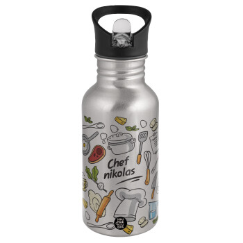 Chef με όνομα, Water bottle Silver with straw, stainless steel 500ml