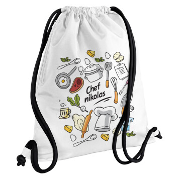 Chef με όνομα, Backpack pouch GYMBAG white, with pocket (40x48cm) & thick cords