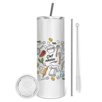 Chef με όνομα, Eco friendly ποτήρι θερμό (tumbler) από ανοξείδωτο ατσάλι 600ml, με μεταλλικό καλαμάκι & βούρτσα καθαρισμού