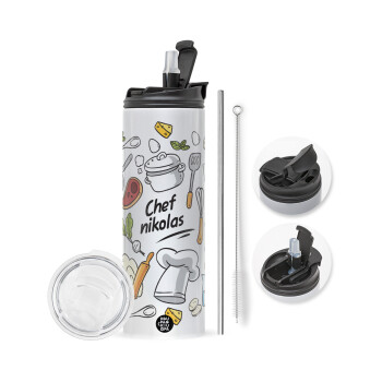 Chef με όνομα, Travel Tumbler 2 Lids, with metal straw & cleaning brush (Stainless steel 304 Food grade, BPA free, 600ml)