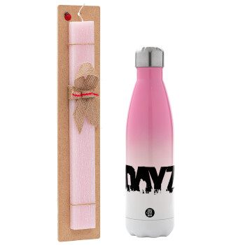 DayZ, Easter Set, Metallic pink/white (Stainless steel) thermos, double-walled, 500ml & aromatic flat Easter candle (30cm) (PINK)