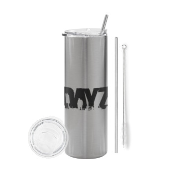 DayZ, Eco friendly stainless steel Silver tumbler 600ml, with metal straw & cleaning brush
