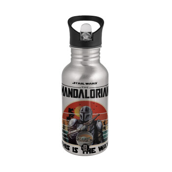Mandalorian, Water bottle Silver with straw, stainless steel 500ml