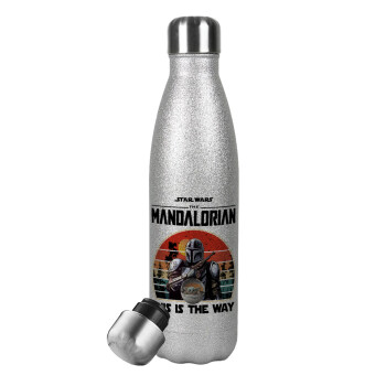 Mandalorian, Μεταλλικό παγούρι θερμός Glitter Aσημένιο (Stainless steel), διπλού τοιχώματος, 500ml