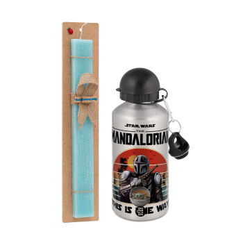 Mandalorian, Easter Set, metallic silver aluminum water bottle (500ml) & scented flat Easter candle (30cm) (TURQUOISE)