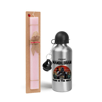 Mandalorian, Easter Set, metallic Silver aluminum water bottle (500ml) & scented flat Easter candle (30cm) (PINK)