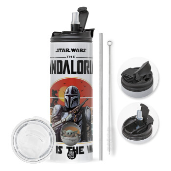 Mandalorian, Travel Tumbler θερμό με διπλό καπάκι, μεταλλικό καλαμάκι και βούρτσα καθαρισμού (Ανωξείδωτο 304 Food grade, BPA free, 600ml)