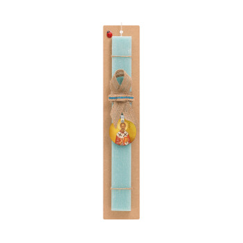 Saint Nicholas orthodox , Easter Set, wooden keychain & aromatic flat Easter candle (30cm) (TURQUOISE)