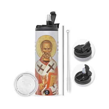 Saint Nicholas orthodox , Travel Tumbler 2 Lids, with metal straw & cleaning brush (Stainless steel 304 Food grade, BPA free, 600ml)