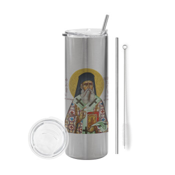 Saint Nektarios, Eco friendly stainless steel Silver tumbler 600ml, with metal straw & cleaning brush