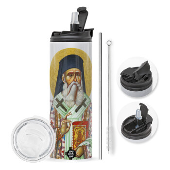 Άγιος Νεκτάριος, Travel Tumbler θερμό με διπλό καπάκι, μεταλλικό καλαμάκι και βούρτσα καθαρισμού (Ανωξείδωτο 304 Food grade, BPA free, 600ml)