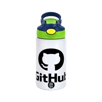 GitHub, Children's hot water bottle, stainless steel, with safety straw, green, blue (350ml)