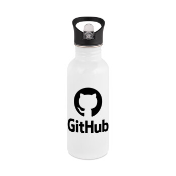GitHub, White water bottle with straw, stainless steel 600ml