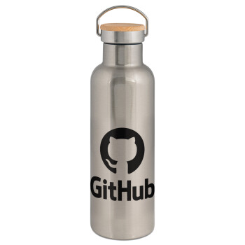 GitHub, Μεταλλικό παγούρι θερμός (Stainless steel) Ασημένιο με ξύλινο καπακι (bamboo), διπλού τοιχώματος, 750ml