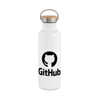 GitHub, Μεταλλικό παγούρι θερμός (Stainless steel) Λευκό με ξύλινο καπακι (bamboo), διπλού τοιχώματος, 750ml