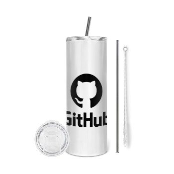 GitHub, Eco friendly ποτήρι θερμό (tumbler) από ανοξείδωτο ατσάλι 600ml, με μεταλλικό καλαμάκι & βούρτσα καθαρισμού
