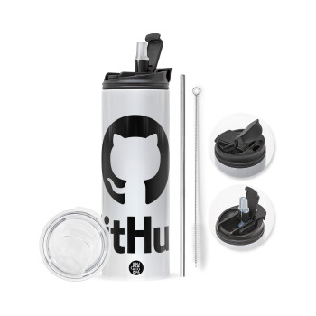 GitHub, Travel Tumbler 2 Lids, with metal straw & cleaning brush (Stainless steel 304 Food grade, BPA free, 600ml)