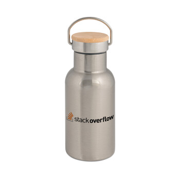 StackOverflow, Stainless steel metallic thermos flask, silver with a bamboo lid, double-walled, 350ml.