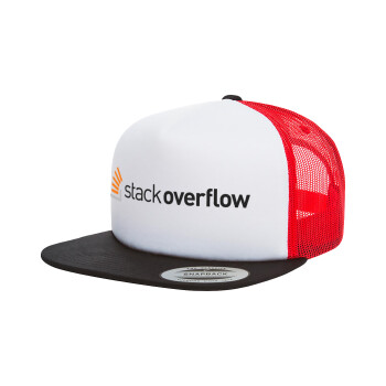 StackOverflow, Adult Foam Flat Snapback with Mesh Black-White-Red (POLYESTER, ADULT, UNISEX, ONE SIZE)