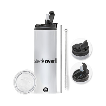 StackOverflow, Travel Tumbler θερμό με διπλό καπάκι, μεταλλικό καλαμάκι και βούρτσα καθαρισμού (Ανωξείδωτο 304 Food grade, BPA free, 600ml)