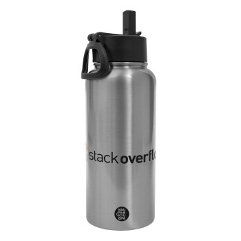 StackOverflow, Metal mug thermo Silver with Straw and Spout Lid (Stainless steel), double wall, 950ml