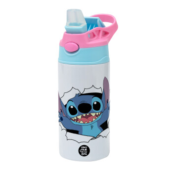 Stitch hello!!!, Children's hot water bottle, stainless steel, with safety straw, Pink/BlueCiel (360ml) BPA FREE