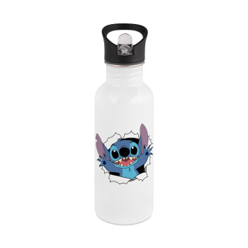Stitch hello!!!, White water bottle with straw, stainless steel 600ml