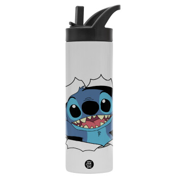 Stitch hello!!!, Metallic thermos bottle with straw & handle, stainless steel (Stainless steel 304), double-walled, 600ml.