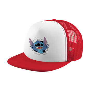 Stitch hello!!!, Adult Soft Trucker Hat with Red/White Mesh (POLYESTER, ADULT, UNISEX, ONE SIZE)