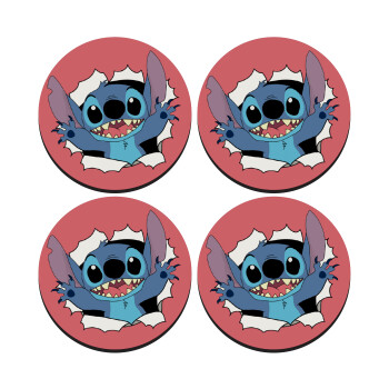 Stitch hello!!!, SET of 4 round wooden coasters (9cm)