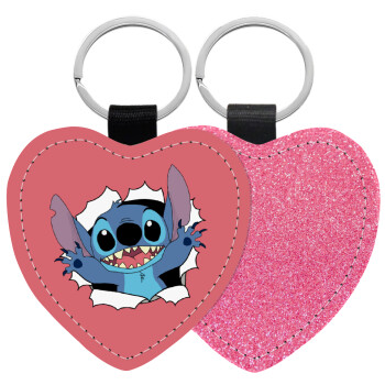 Stitch hello!!!, Μπρελόκ PU δερμάτινο glitter καρδιά ΡΟΖ