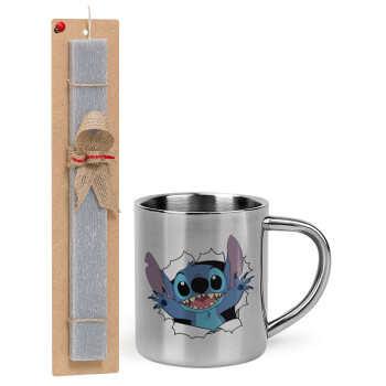 Stitch hello!!!, Easter Set, metallic thermal cup (300ml) & Easter aromatic flat candle (30cm) (GRAY)