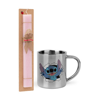 Stitch hello!!!, Easter Set, metallic thermal cup (300ml) & aromatic flat Easter candle (30cm) (PINK)