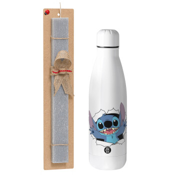 Stitch hello!!!, Easter Set, metallic Inox water bottle (700ml) & Easter scented flat candle (30cm) (GRAY)