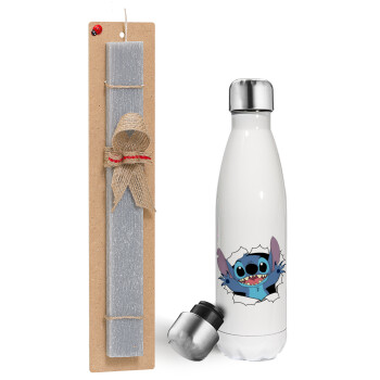 Stitch hello!!!, Easter candle, metallic white thermos bottle (500ml) & aromatic flat candle (30cm) (GRAY)